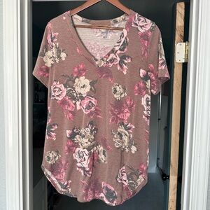 Rose colored floral, print short sleeve shirt from Emmer & Oat